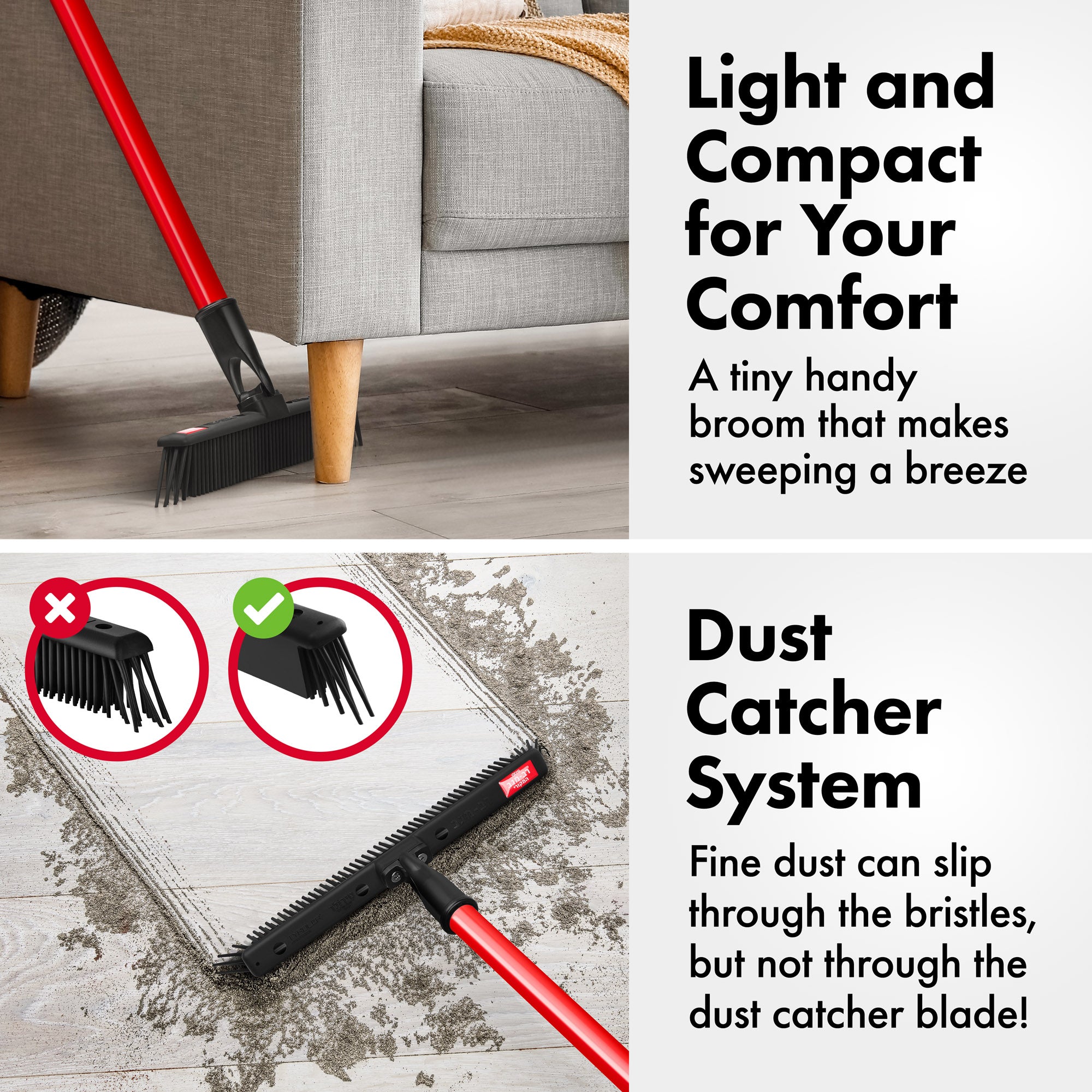 Japanese Rubber Broom 30cm & Stick-to-Floor Compact Rubber Dustpan Set
